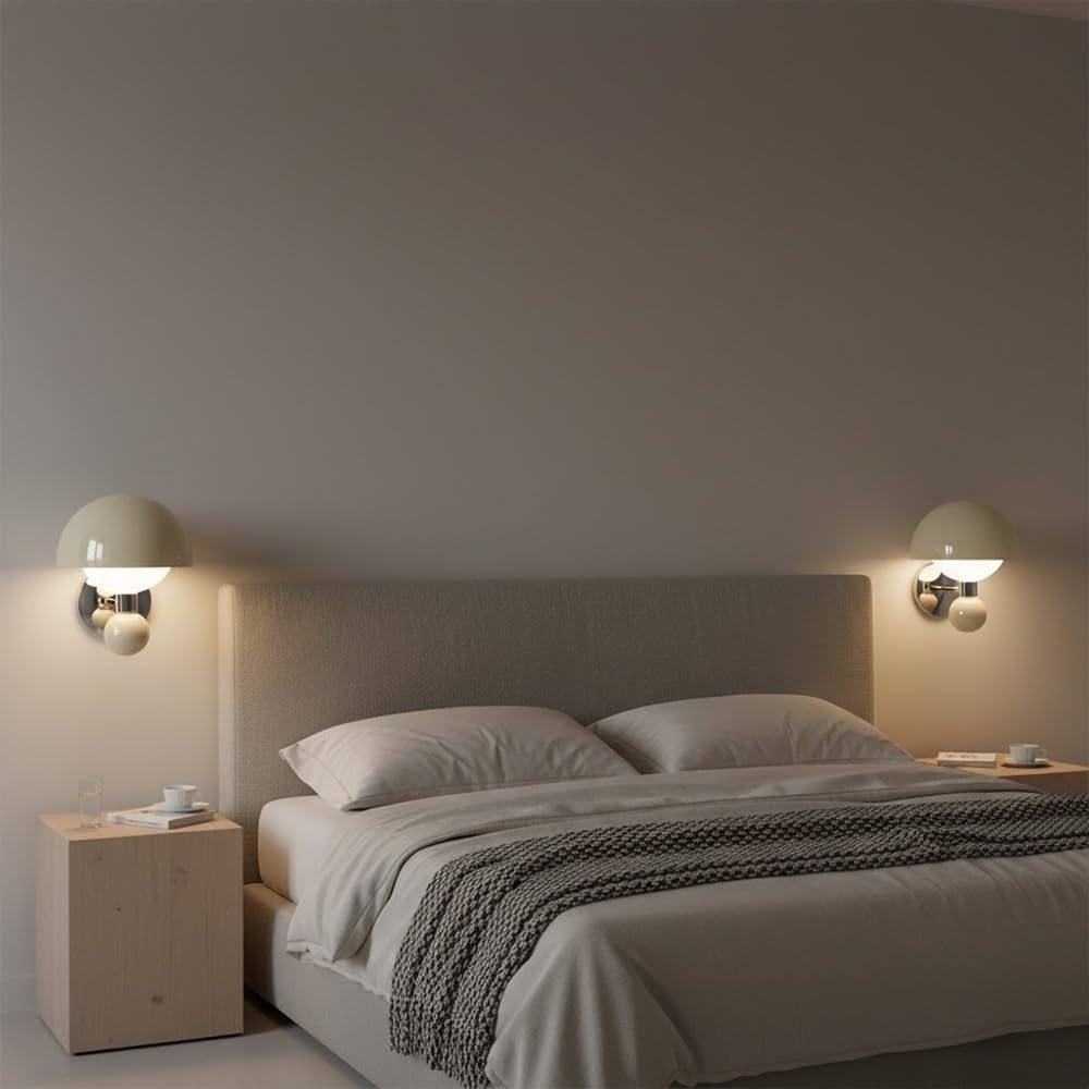 Modern Mushroom Wall Sconce, Minimalist Cream White Glass Globe Lamp, Chrome LED Bedside Lighting, Aesthetic Wall