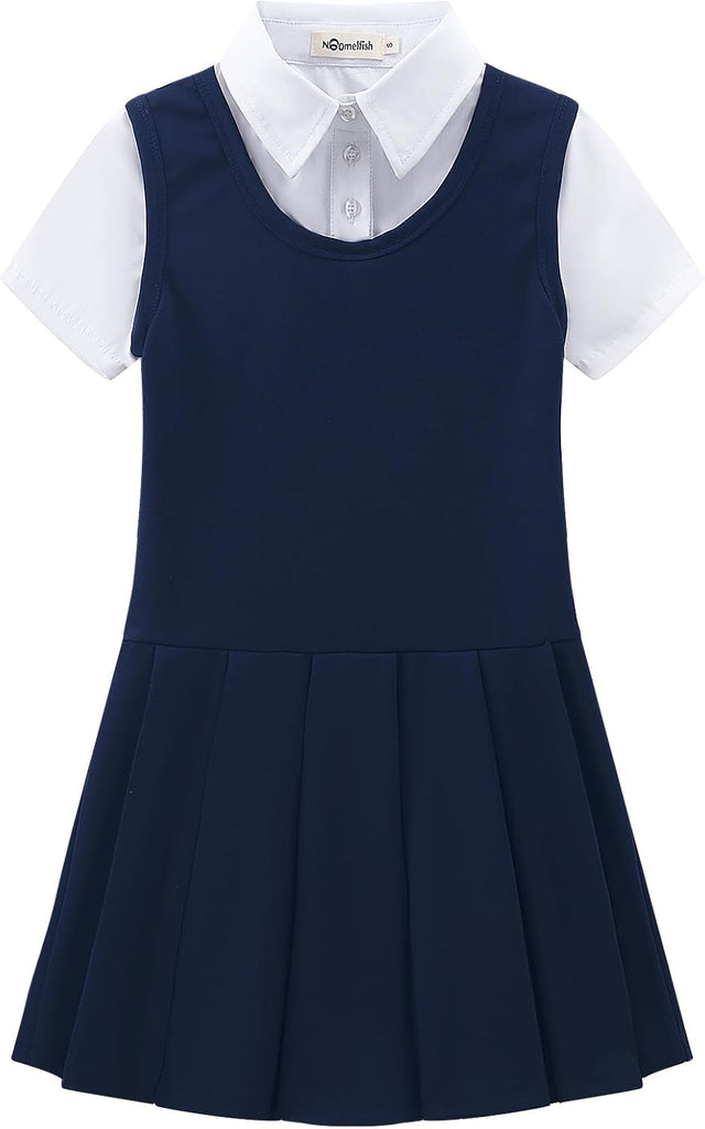 Girls 2 in 1 School Uniform Dress Short Sleeve Pleated Jumper Button Down Shirts Dresses
