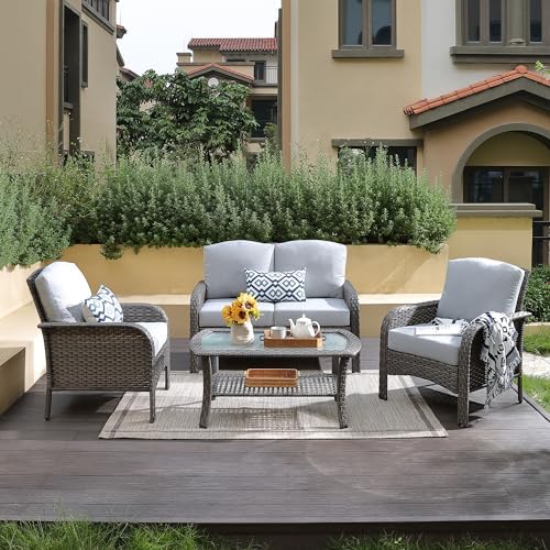 4-Piece Wicker Outdoor Patio Furniture Set - Conversation | Gray All-Weather Resistant for Backyard, Garden & Porch