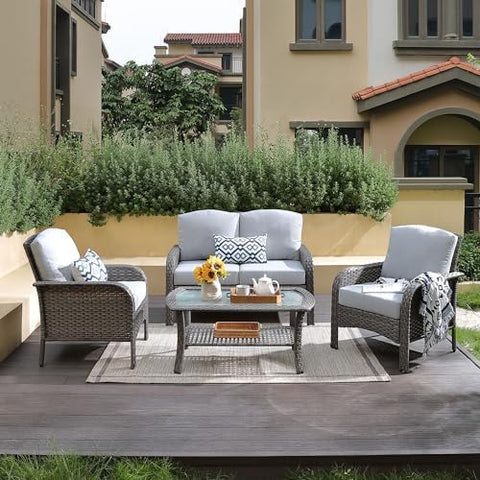 4-Piece Wicker Outdoor Patio Furniture Set - Conversation | Gray All-Weather Resistant for Backyard, Garden & Porch