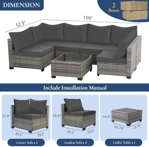 7-Piece Wicker Outdoor Patio Furniture Set - Conversation | Grey with Thick Cushions for Backyard, Garden & Porch