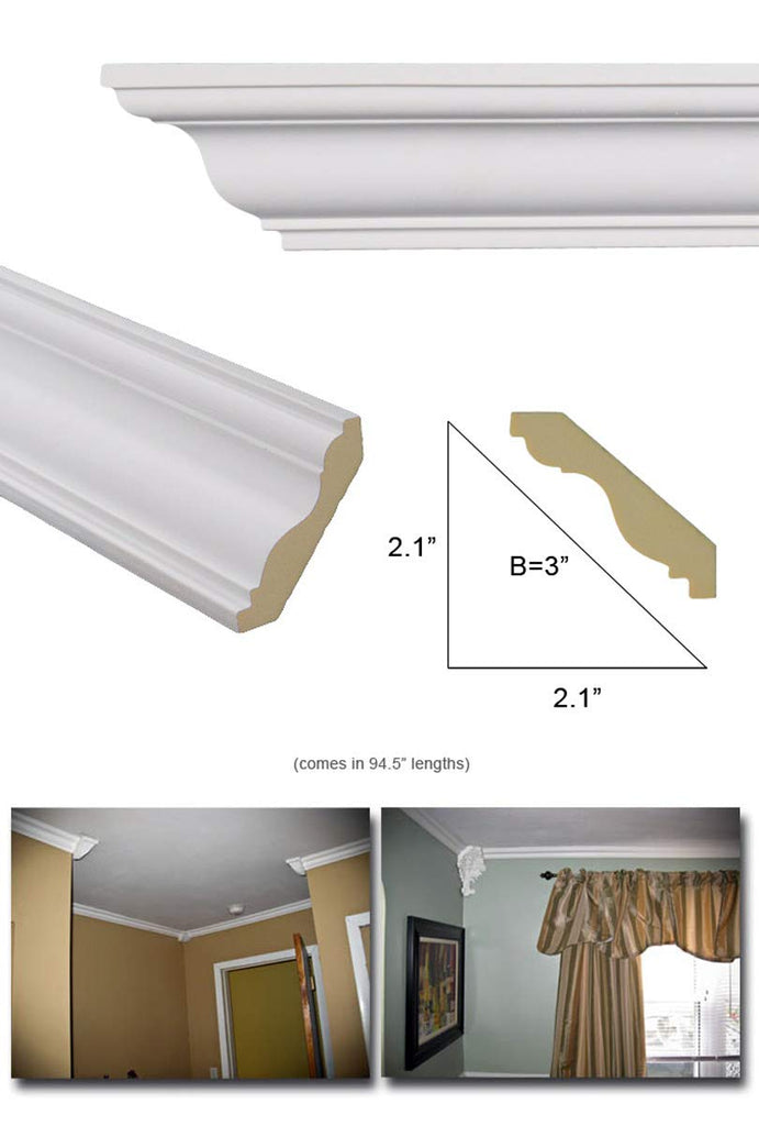 Molding - Polyurethane Crown Moulding Manufactured with a Dense Architectural Compound (Not Styrofoam). Breadth 3". 6