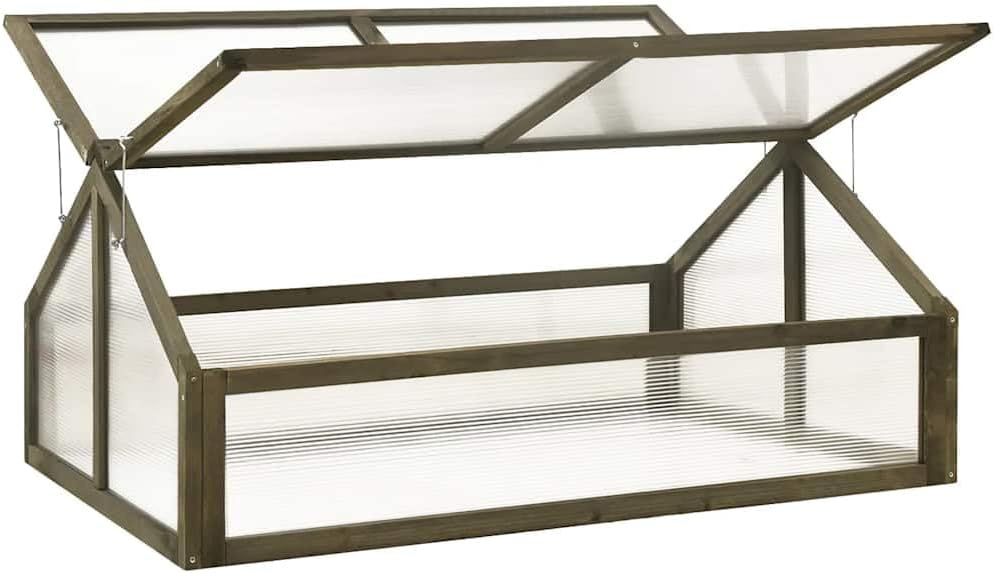 Cold Frame Greenhouse, 44.8"x31.4"x19.6" Gray Wooden Garden Planter Bed with Double Hinged Roofs, Open Bottom Raised