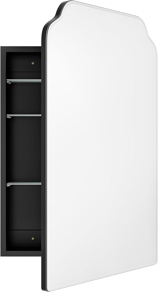 Recessed Medicine Cabinet with Arched Mirror, Overall 17.5"x29" | Bathroom Wood Black Wall Cabinet with Mirror