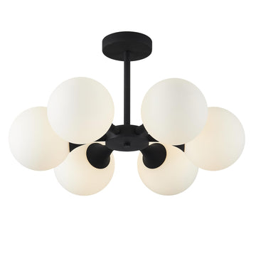 6-Light Black White Milk Glass Globe Semi Flush Mount Ceiling Light