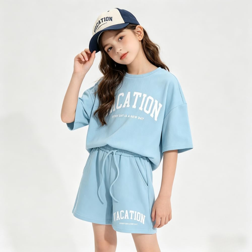 Girl's Tracksuit Sets 2 Piece Outfits Letter Print Vacation Tee Top and Drawstring Waist Shorts