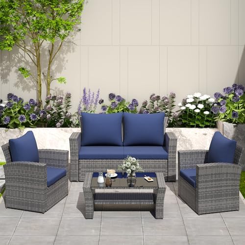 4-Piece Wicker Outdoor Patio Furniture Set | Navy for Backyard, Garden & Porch