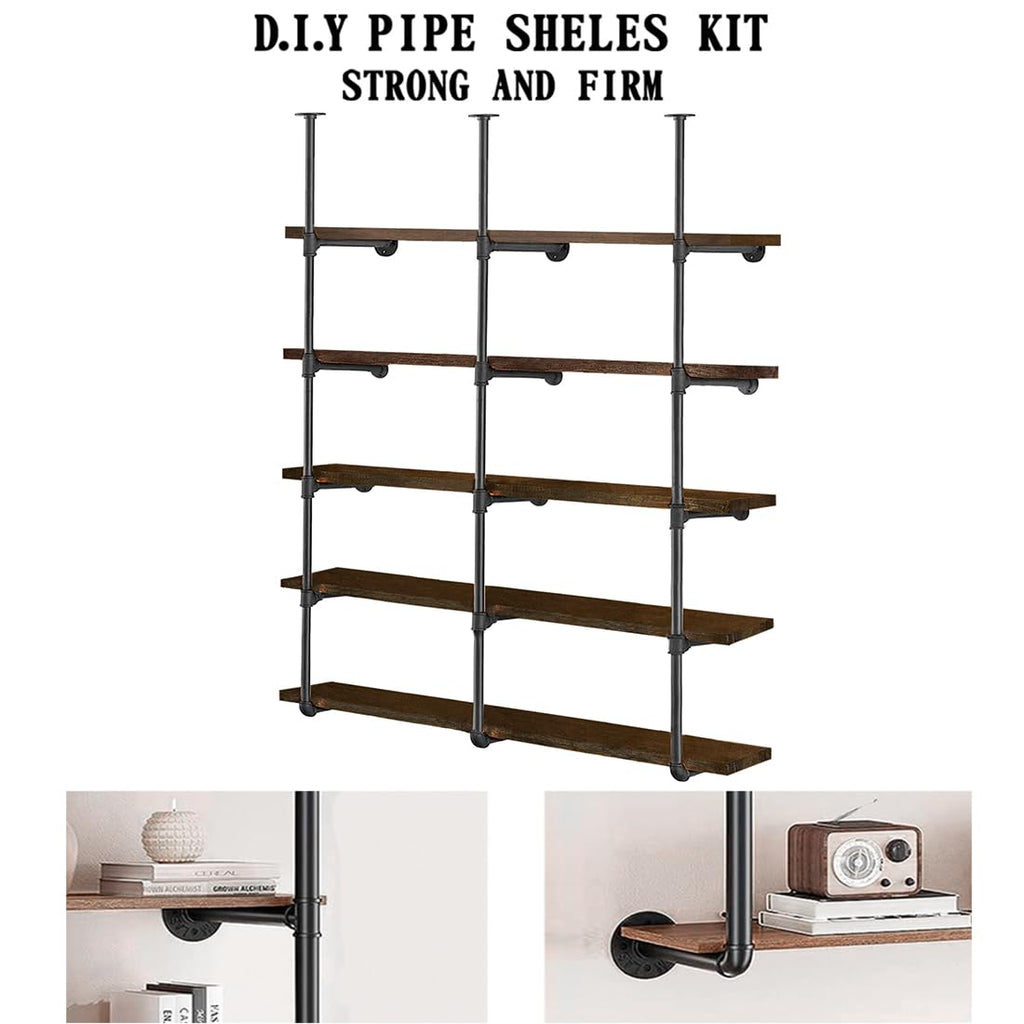 Industrial Iron Pipe Shelves, 3 Set 5-Tier 70.5" Tall 12" Depth, DIY Open Bookshelf Bookcase, Wall Mounted Vintage