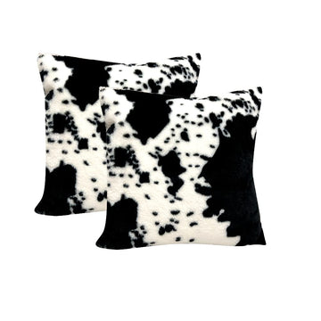 White Black Cowhide Printing Faux Fur Pillow Covers 16x16 Set of 2