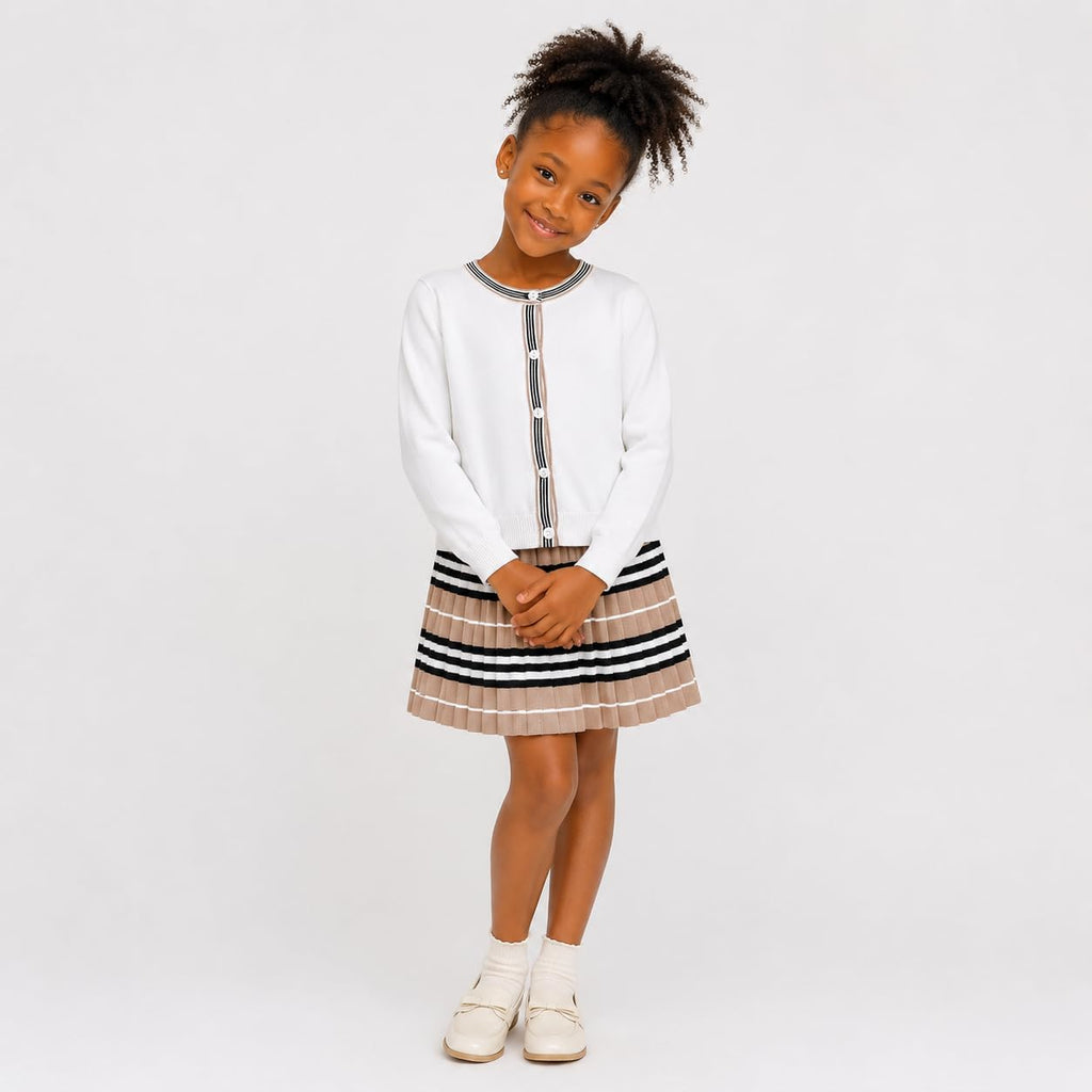 Two Piece Skirt Set for Little Girls Ribbed Knit Sweater Cardigan Pleated Skirt Outfits White