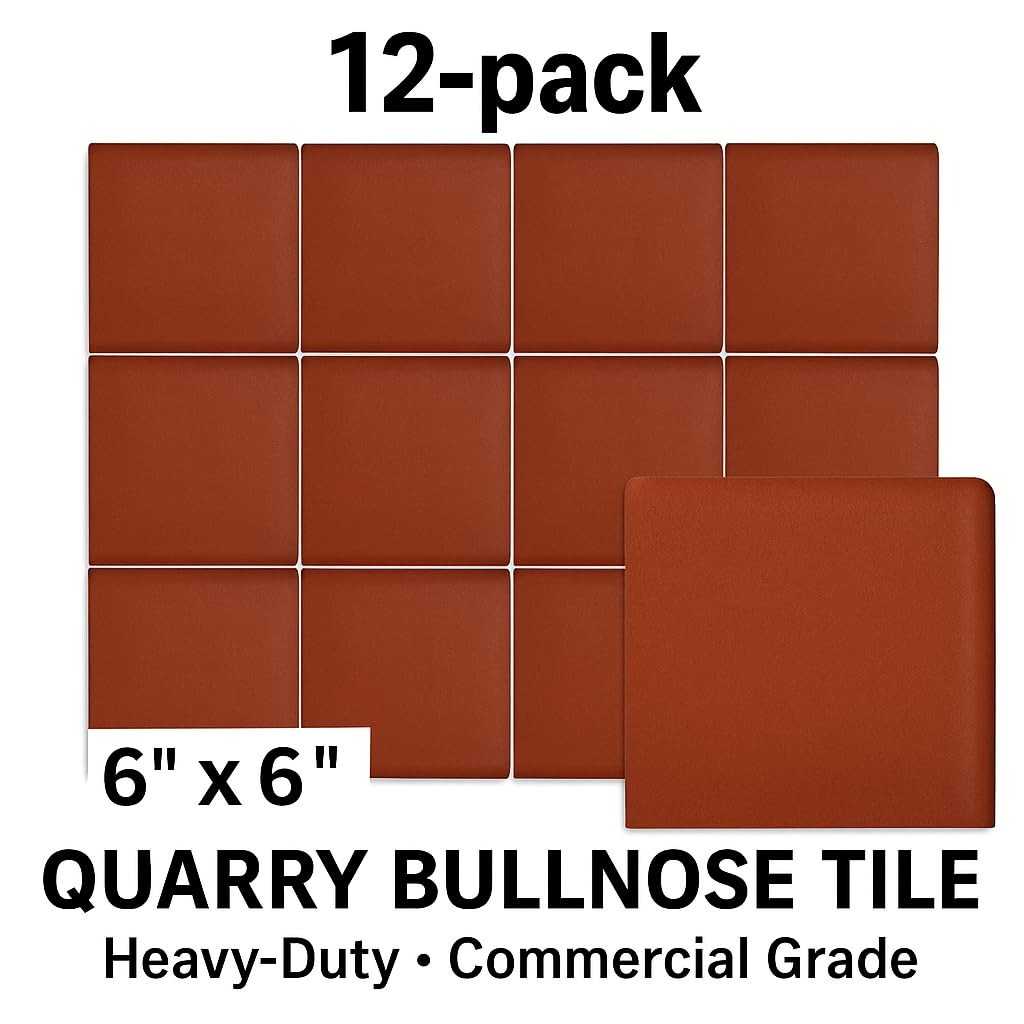 6x6 Colonial Red Smooth Quarry Bullnose Tile - Rounded Edge Ceramic Trim for Commercial Kitchen, Restaurant, Stair &
