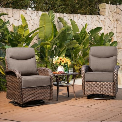 3-Piece Wicker Outdoor Patio Furniture Set - Swivel | Brown All-Weather Resistant for Patio, Garden & Porch