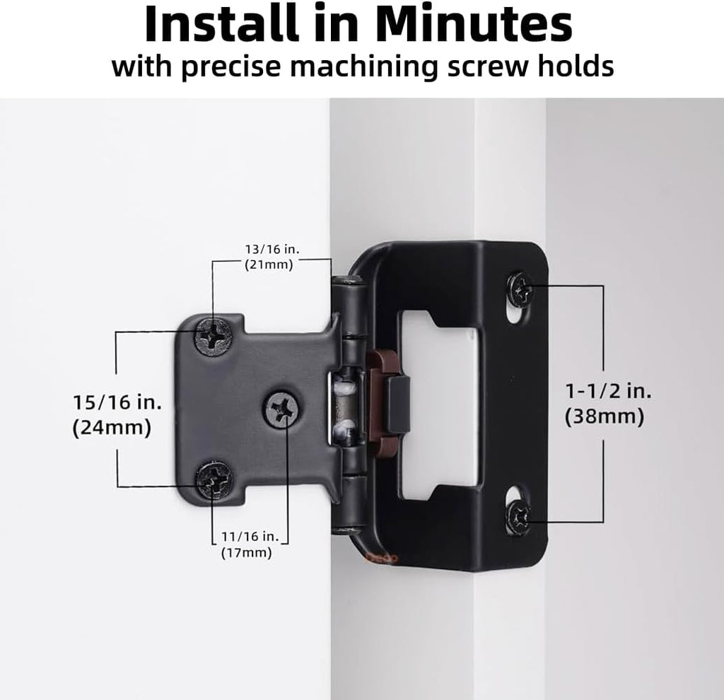2 Pack 1/2" Overlay Black Cabinet Hinges for Cabint Doors (1 Pairs) - Partial Wrap Semi-Concealed Self-Closing Face