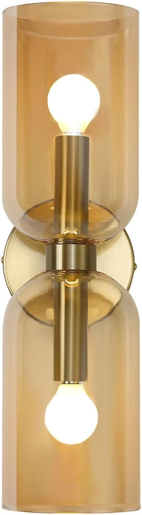 Minimalist 2-Light Gold Wall Sconces with Cylinder Glass Shades- Mid Century Vanity Wall Double Lights Hardwired