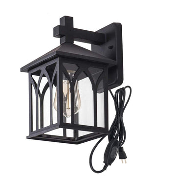 1-Light Outdoor -Indoor Plug-in Wall Mount Lantern Downward Fixture Traditional Desigh Black Finish, Clear Glass