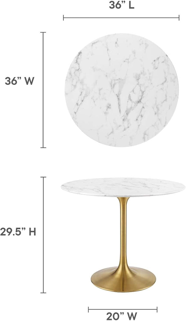 Lippa 36" Mid-Century Dining Table with Round Artificial Marble Top in Gold White