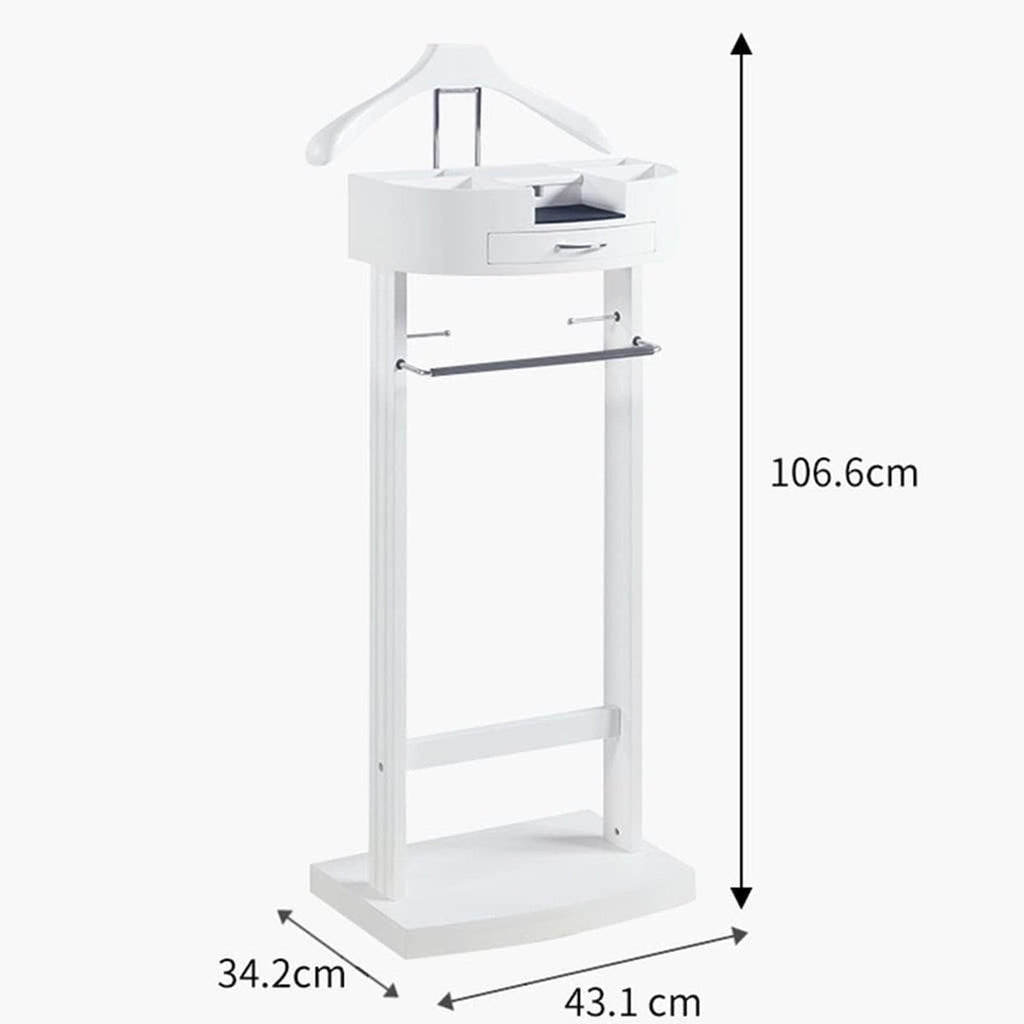 Wooden Suit Valet Stand with Drawer, Top Tray, Trouser Bar, Tie Hooks and Shoe Rack, Freestanding Clothing Organizer