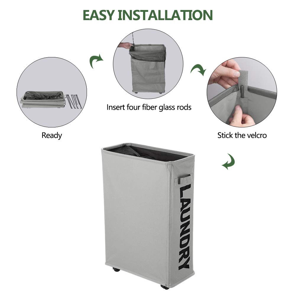 Slim Rolling Laundry Basket with wheel, Rectangle Storage Hamper - Thin Laundry Basket Corner Fittable Laundry Bin