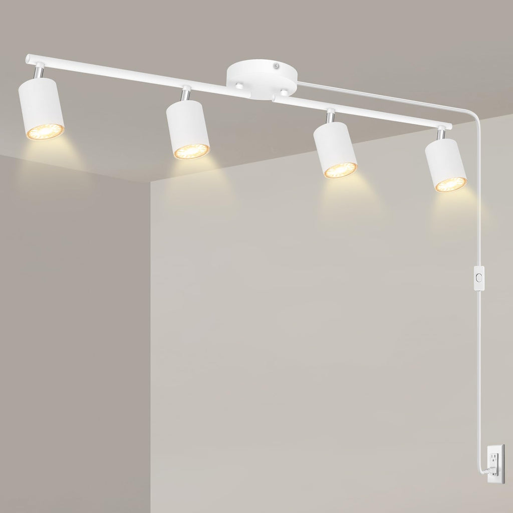 Track Lighting Plug in, LED Track Lighting Fixtures Ceiling Kit, White 4-Light Ceiling Light Plug-in, Wall Light