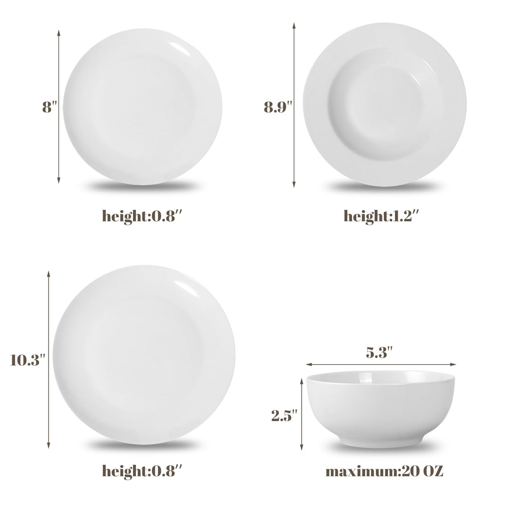 Dinnerware Set for 4, White Porcelain Plates and Bowls, Chip Resistant Dishwasher Safe for Family Dining
