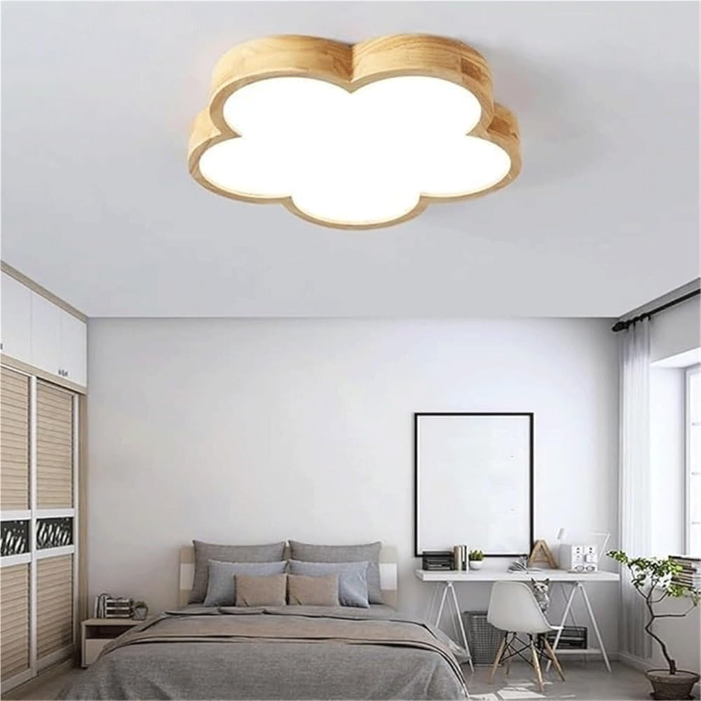 Nordic Modern LED Ceiling Light, Cute Cloud Shape Wooden Flush Mount Lamp, Ultra-Thin Acrylic & Natural Wood Grain