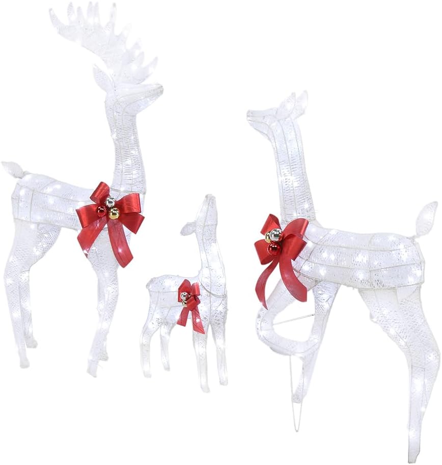 3-Piece Large Lighted Christmas Deer Family Set Decor, White