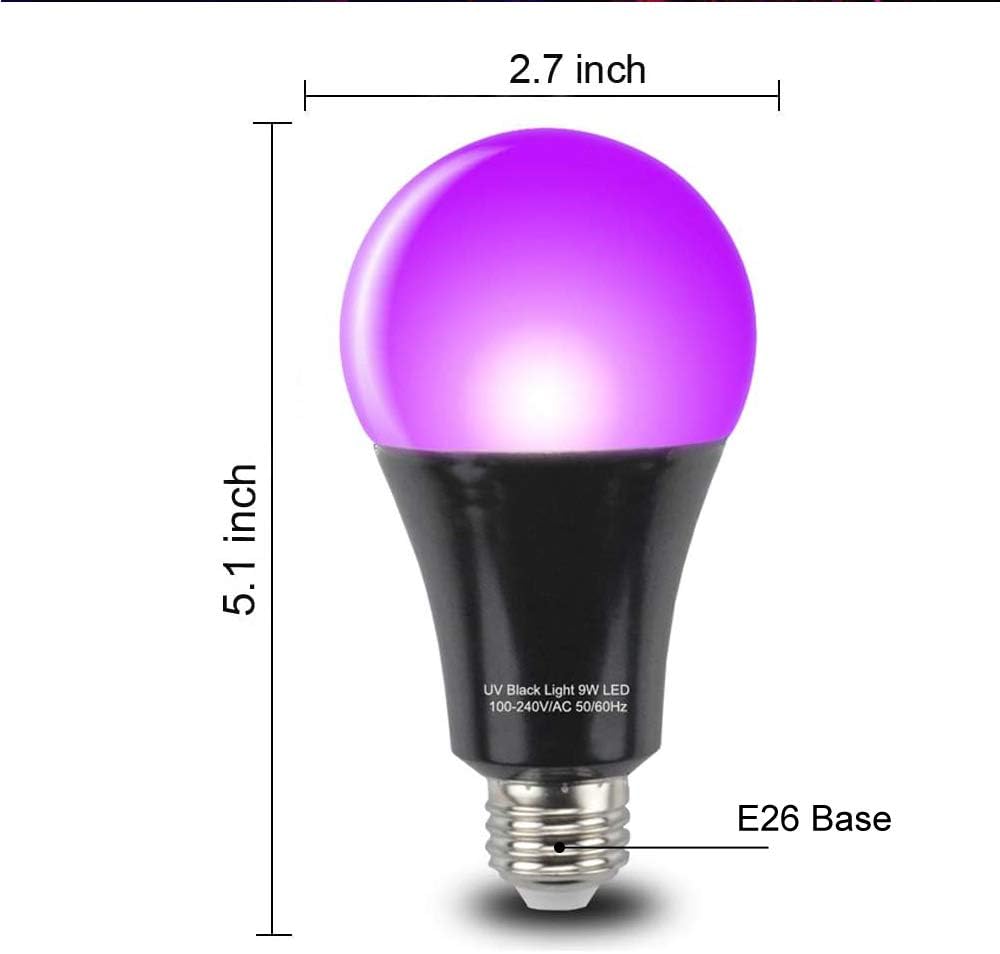Black Light Bulbs 9W 8 Pack A19 E26 LED Blacklight Bulb 385-400nm UVA Black Lights for Blacklight, Glow in The Dark