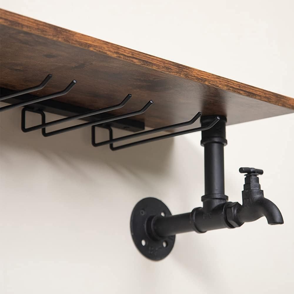Bar Liquor Shelves, Industrial Pipe Shelving Wine Rack Wall Mounted with 4 Stem Glass Holder, Rustic Floating Pipe