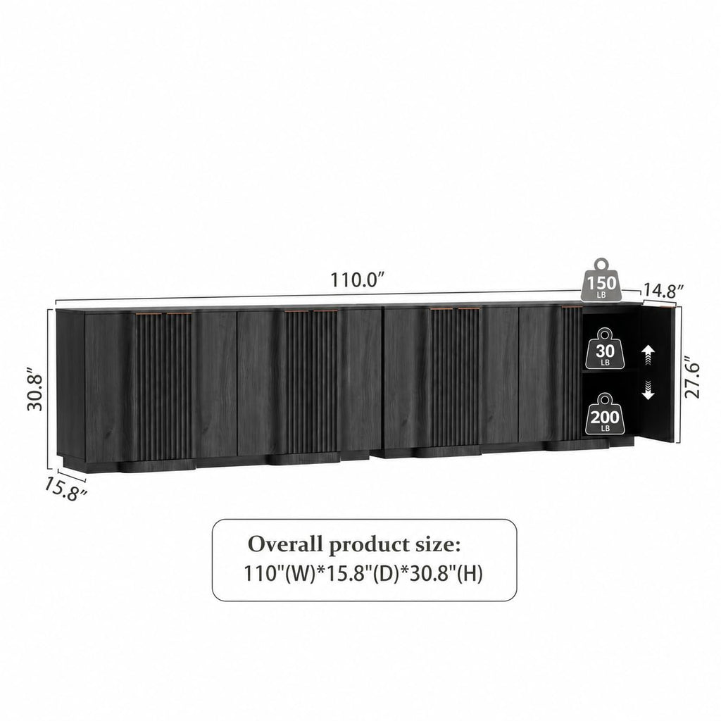 Fluted Buffet Cabinet with Storage, 110" Accent Sideboard Credenza