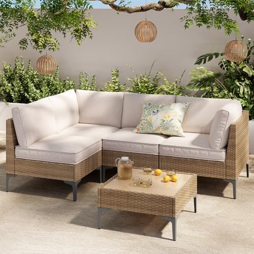 5-Piece Wicker Outdoor Patio Furniture Set | Beige All-Weather Resistant for Backyard, Garden & Porch