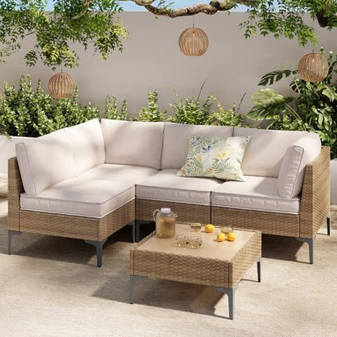 5-Piece Wicker Outdoor Patio Furniture Set | Beige All-Weather Resistant for Backyard, Garden & Porch