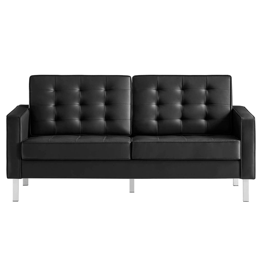 Loft Tufted Button Faux Leather Upholstered Loveseat in Silver Black