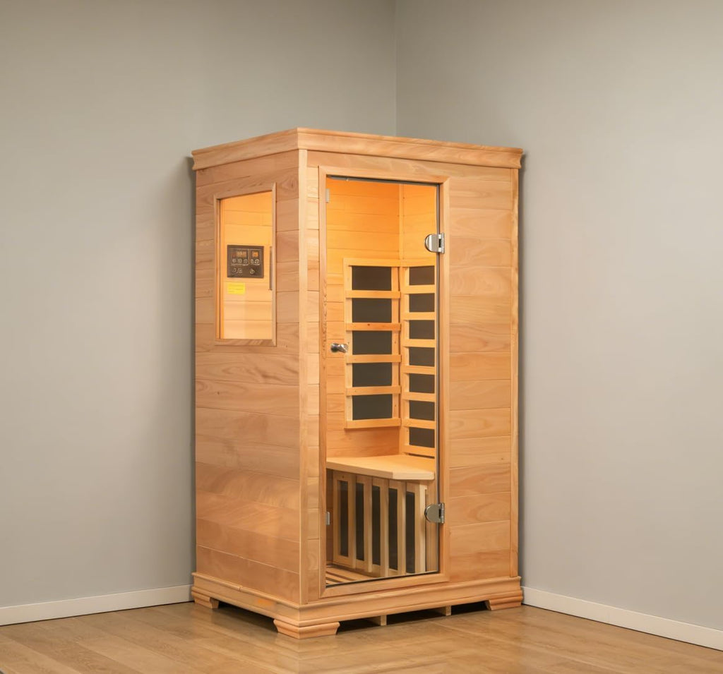 1 Person Infrared Dry Sauna for Home, Low EMF Indoor Sauna Box, Premium Wood Build with 960W Carbon Panels