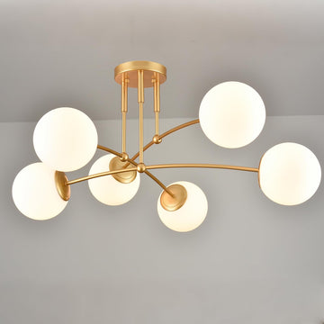 Mid Century Gold Ceiling Light Semi Flush Mount Opal Globe Chandelier