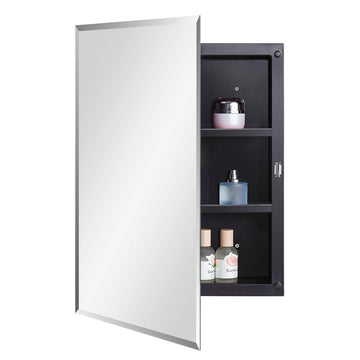 Black Plastic Bathroom Medicine Mirror Cabinet 16 x 22 inch, Surface and Recessed Mount, Beveled Edge Mirror