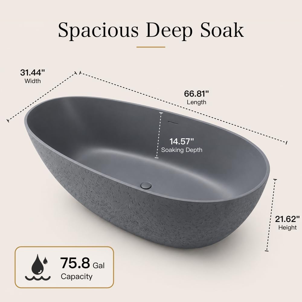 67" Stone Resin Luxury Contemporary Solid Surface Freestanding Bathtub in Cement Point Treatment Oval Tub