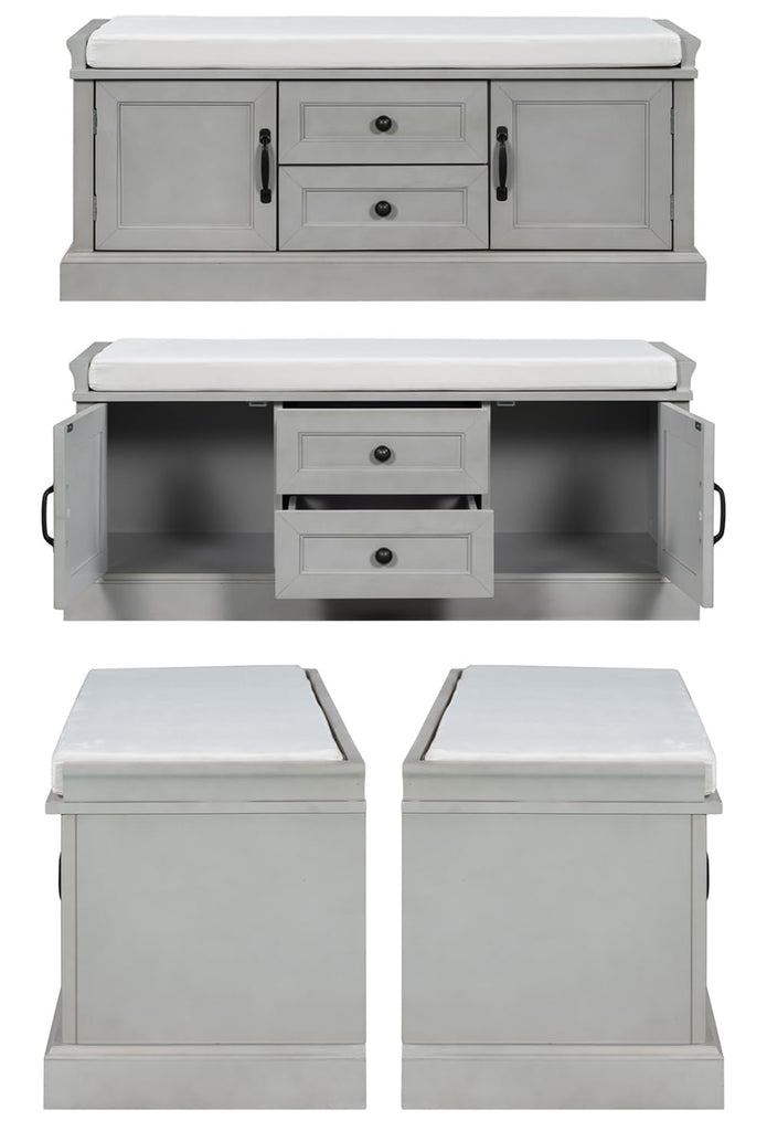 Storage Bench with Drawers and 2 Cabinets, Shoe Bench with Removable Cushion Hallway Foyer Living Room Bedroom, Shoe