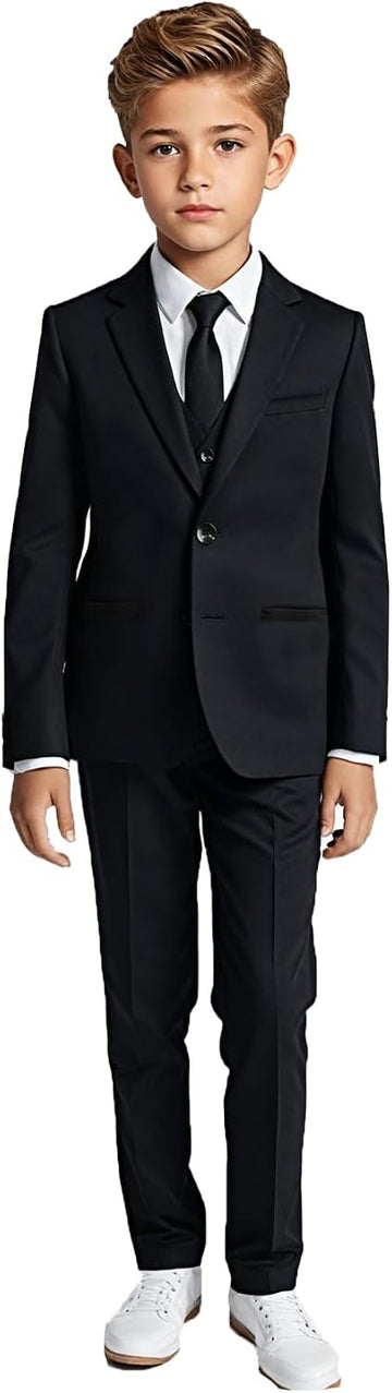 Boys Five Piece Modern Slim Fit Suits Set Shirt Blazer Vest Pants and Tie. Ring Bearer Outfit