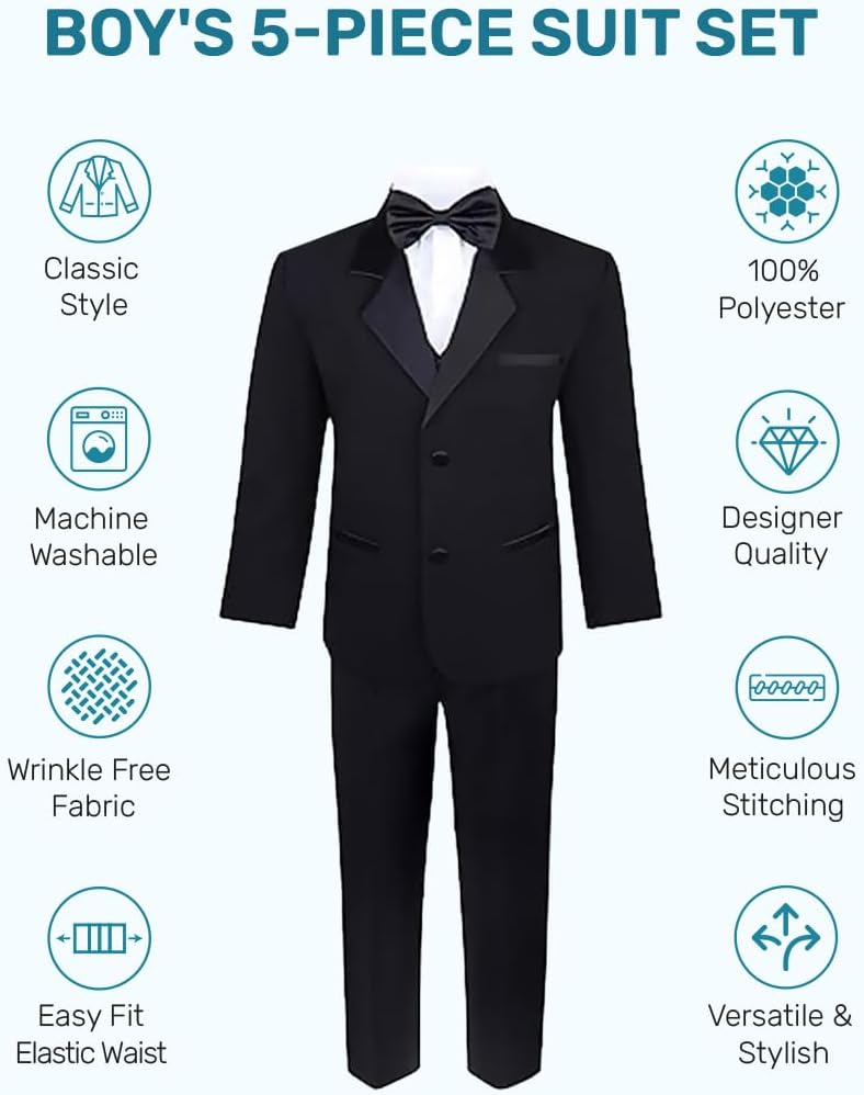 Boys 5 Piece Tuxedo Set with Jacket, Pants, Shirt, Vest & Bow Tie