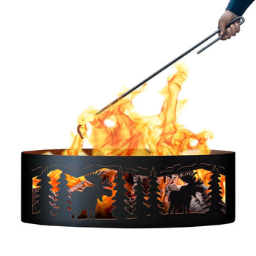 Moose Unpainted 12 in. Tall 48 in. Diameter Outdoor Fire Ring with Fire Poker - 48 x 48 x 12 in. - Rustic