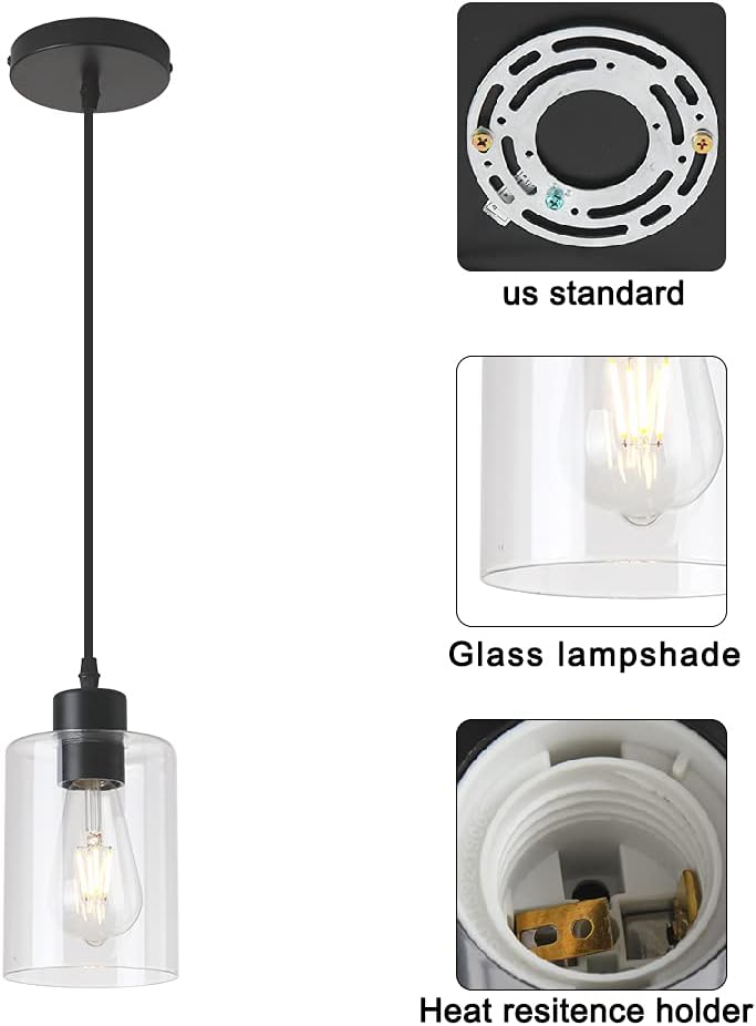 Modern Black Farmhouse Clear Glass Cylinder Pendant Light Fixture,Island Lights for Kitchen,Mini Pendant Lighting for