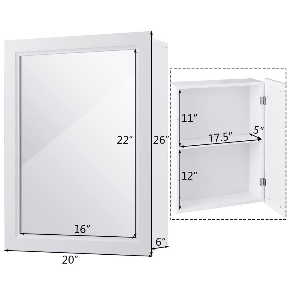 Mirrored Bathroom Cabinet, Wall Mount Storage Cabinet with Single Doors, Hanging Medicine Cabinet (White)