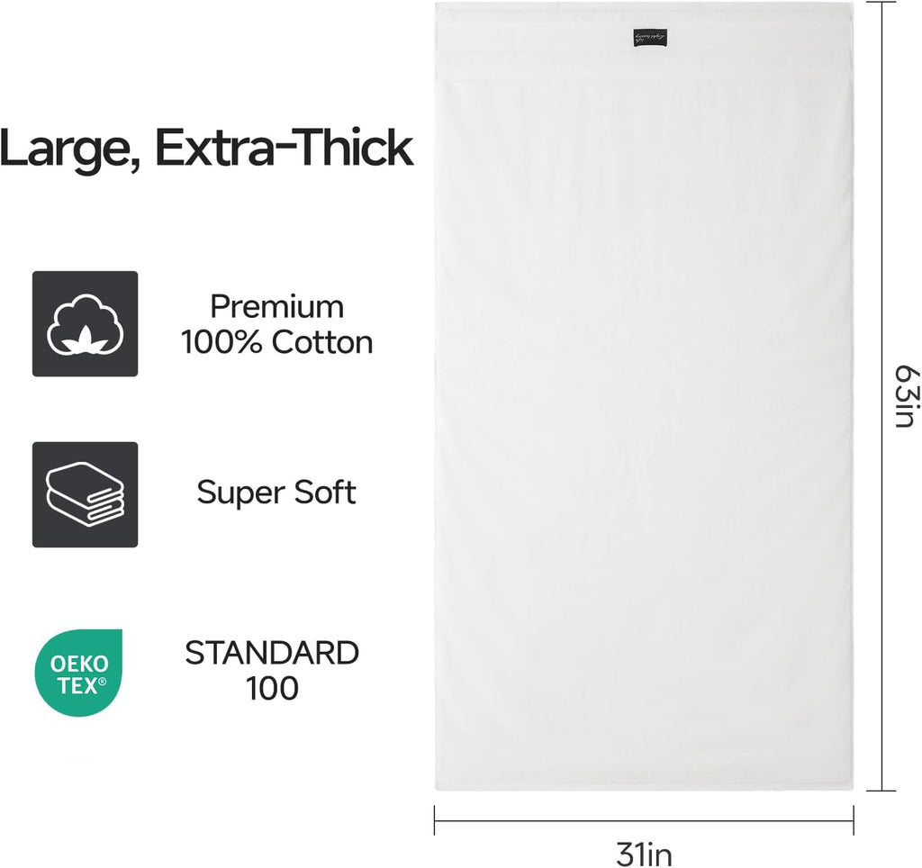 Luxury White Bath Towels Set of 2, 100% Cotton 760GSM Heavyweight Bath Sheets, 31 x 63 Inch Oversized Large Bath