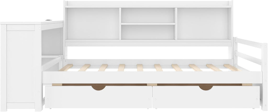 Twin Size Daybed with Desk, Corner Bed with Storage, White | Storage Shelves and Drawers, Charging Station & USB