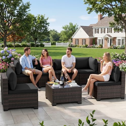 7-Piece Rattan Outdoor Patio Furniture Set - Conversation | Black for Patio, Garden & Porch