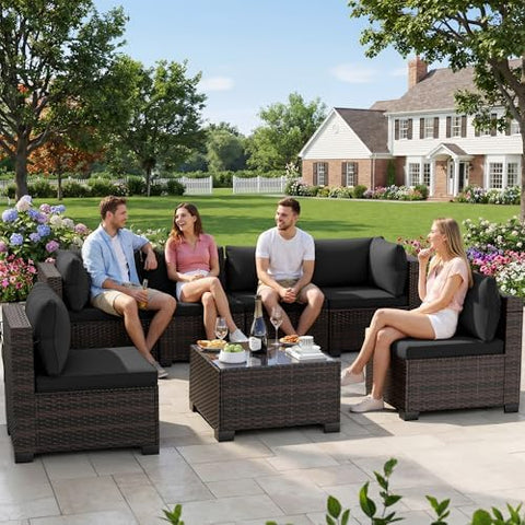 7-Piece Rattan Outdoor Patio Furniture Set - Conversation | Black for Patio, Garden & Porch