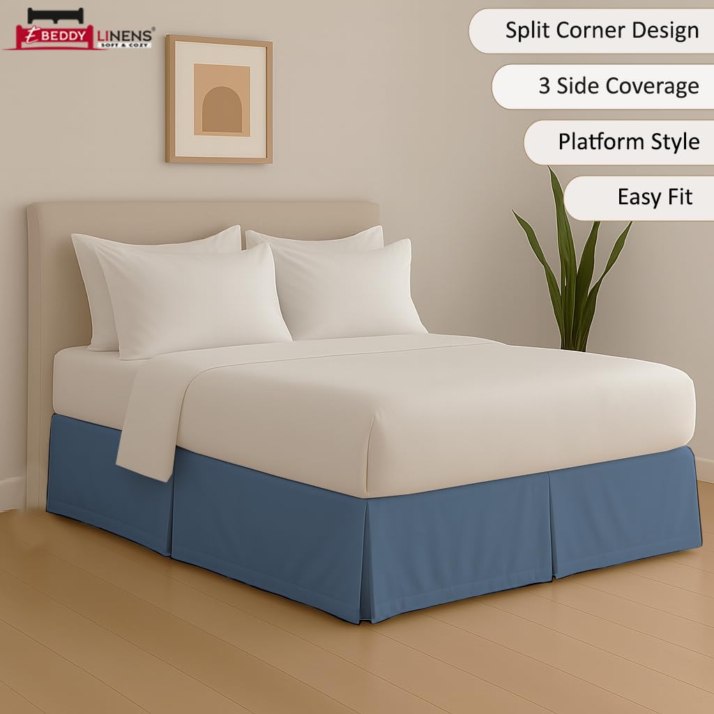Split Corner Bed Skirt Twin 18 Inch Drop - 100% Microfiber - Platform Style, Lake Blue Solid, 3-Sided Pleated