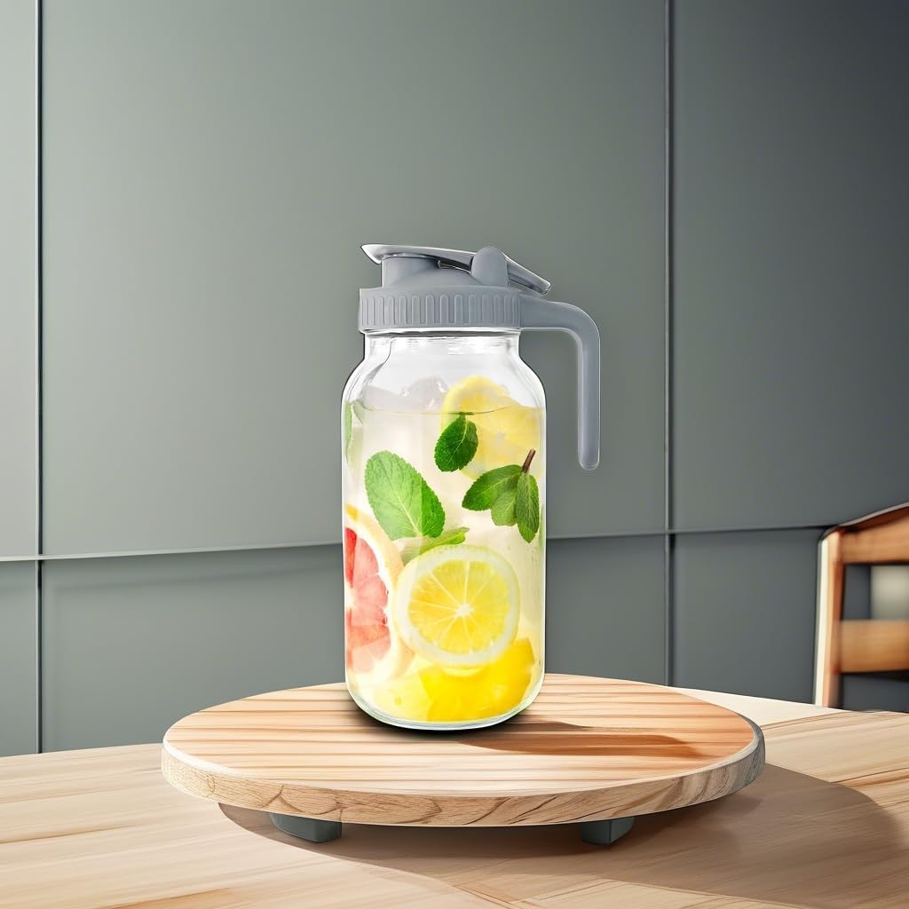 Glass Mason Jar Pitcher, 64 oz Wide Mouth Jug with Pour Spout Handle Lid for Cold Brew Coffee, Ice Beverage, Iced