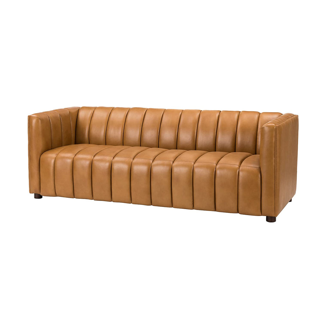 83" Genuine Leather Sofa with Channel Tufted Design, Camel