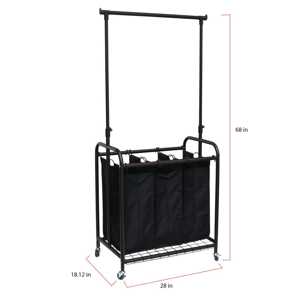 3-Bag Rolling Adjustable Hanging Bar Laundry Sorter, Bronze